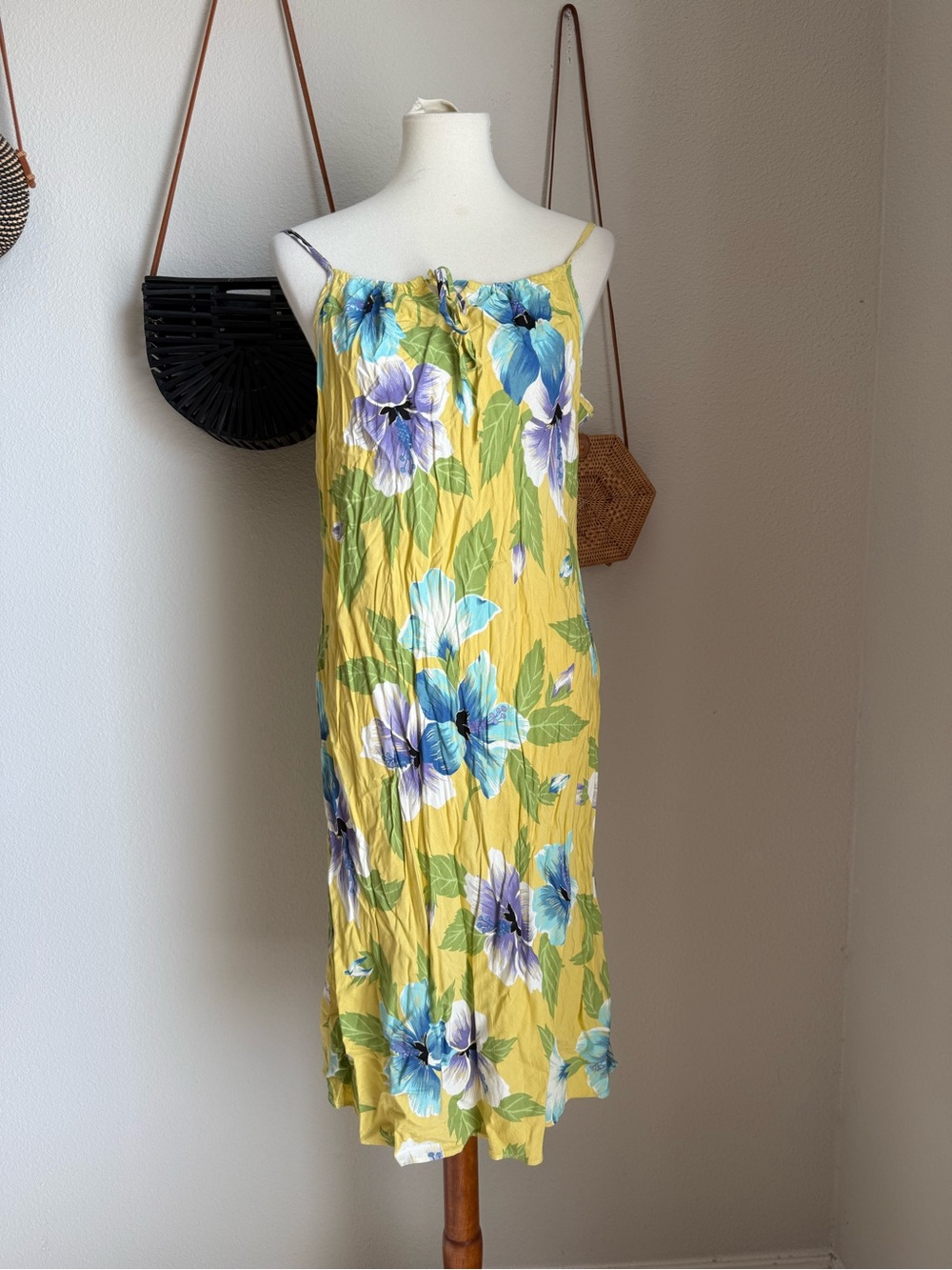 Jones New York Yellow Floral Tie Spaghetti Strap Dress, Size 16